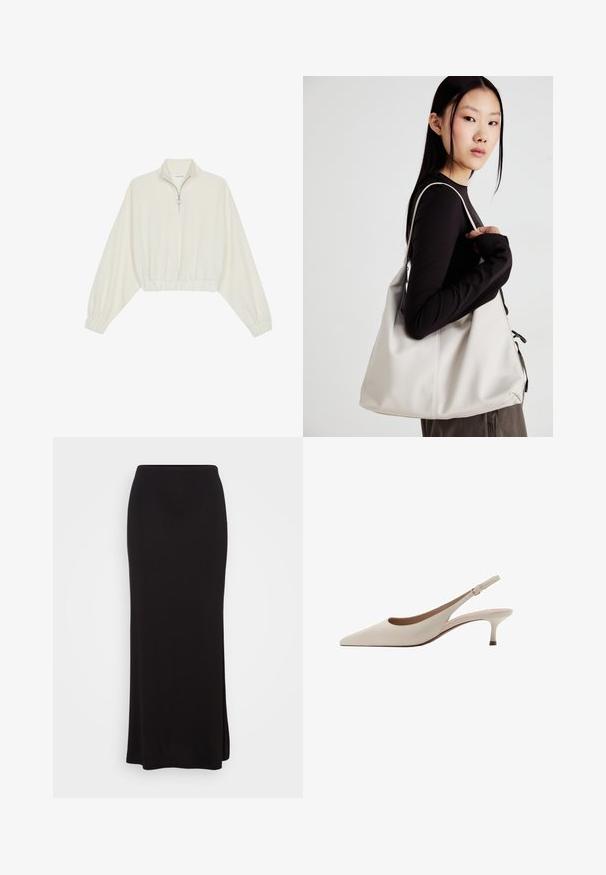 Zkrátený pulover z krémového materiálu, s vysokým golierom, polovičným zipsom, elastickým lemom a manžetami, s hladkou textúrou a minimalistickým dizajnom.; Čierna midi sukňa vyrobená z hladkej, elastickej tkaniny s priliehavým pásom a rovnou siluetou, s bočným rozparkom pre pohodlný pohyb.; Béžové lodičky na opätku s špicatou špičkou a nízkym rozšíreným opätkom. Vyrobené z hladkej kože s minimalistickým dizajnom a nastaviteľným popruhom.; Béžová kabelka vyrobená z mäkkého materiálu, s uvoľneným dizajnom, prišitými detailmi a dvoma popruhmi na nosenie na pleciach. Vhodná na každodenné nosenie.
