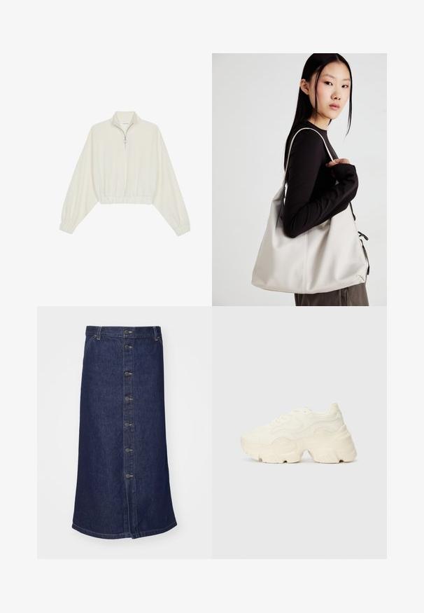 Kreminės spalvos trumpas megztinis, turintis aukštą apykaklę, pusiau užtrauktuką, elastinį apačią irRankovių kraštus, su lygiu paviršiumi ir minimalizuotu dizainu.; Džinsinė sijonas, tamsiai mėlynas, vidutinio ilgio su metalinių mygtukų eile priekyje, siūta apykakle ir standartiniu juosmens apdailu. Lygus paviršius.; Masyvios baltos sportbačiai, pagaminti iš tekstūruoto tinklelio ir sintetinių medžiagų, pasižymintys storu padu ir išsamiu raštų detalizavimu šonuose.; Bežinė rankinė, pagaminta iš minkštos medžiagos, turinti laisvą dizainą, siuvinėtas detalės ir dvi petnešos. Tinkama kasdieniam naudojimui.