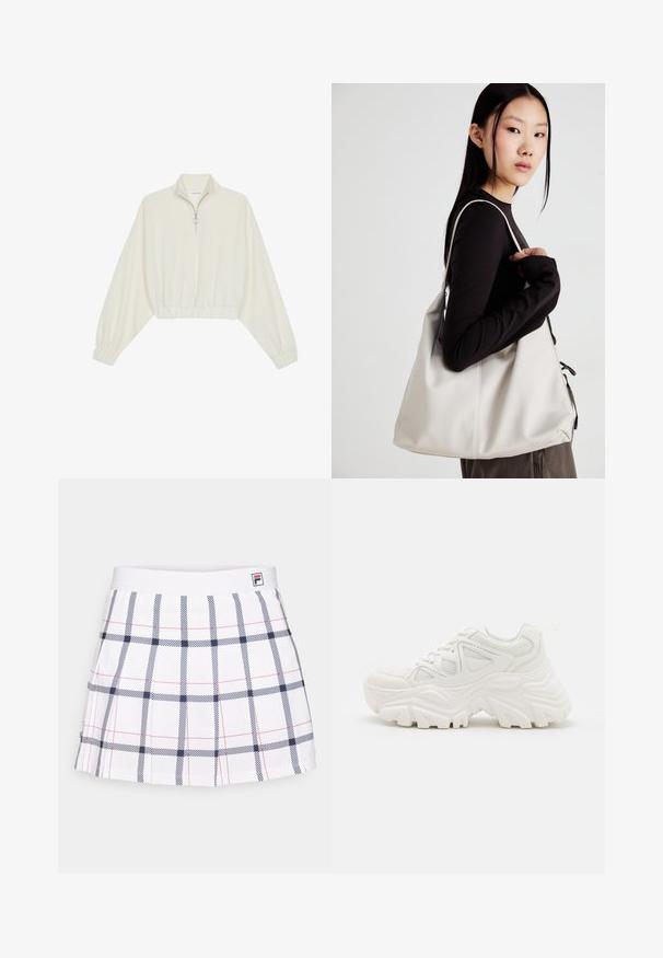 Krém színű, rövidített pulóver, magas gallérral, félig cipzáros záródással, elasztikus derék- és ujjakrésszel, sima textúrával és minimalista dizájnnal.; Fehér pliszírozott szoknya sötétkék és piros kockás mintával, rugalmas derékkal és márkalogóval a derékon.; Fehér, vastag talpú sportcipők, textúrált felsőrésszel, hálós panelek árnyékolásával és vastag, kiemelkedő mintázatú gumitalppal. Zsinórok és húzófül tartozik hozzá.; Puha anyagból készült bézs kézitáska, laza dizájnnal, varrott részletekkel és két vállpánttal. Mindennapi használatra alkalmas.