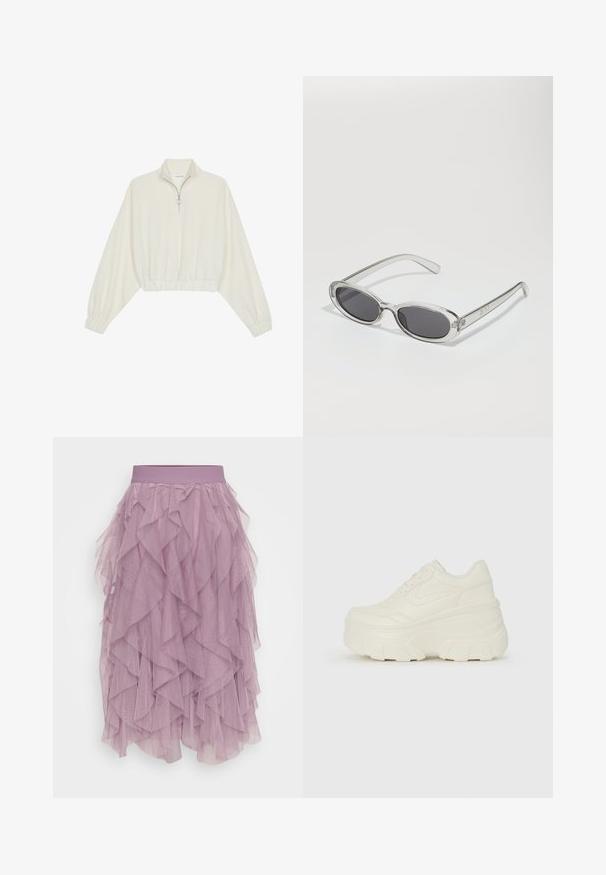 Kort genser i kremfarget stoff, med høy krage, halv glidelås, elastisk nederste kant og mansjetter, med en glatt tekstur og minimalistisk design.; Lys lilla tyllskjørt med lagdelte volanger, elastisk midje og en lett, gjennomsiktig tekstur. Designet med en lagdelt silhuett.; Hvite plattformsnickers med en glatt læraktig overdel, avrundet form, polstret krage og teksturert gummisåle med tydelige dekk.; Solbriller med oval form, klar plastramme, mørkegrå linser og tynne gjennomsiktige armer med logopunksjoner og minimal detaljering.