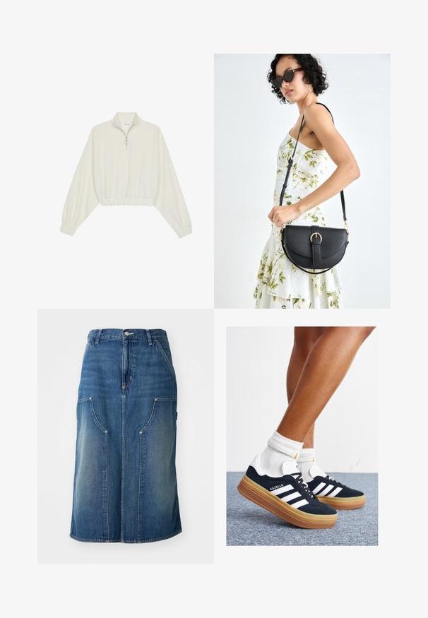 Lyhyt kerrosvaate vaaleasta kankaasta, jossa on korkea kaulus, puolivetoketjukiinnitys, joustavat helma ja hihansuut, tasainen pinta ja minimalistinen muotoilu.; Sininen farkkuhame suoralinjaisella leikkauksella, edessä taskut ja vyötärö, jossa on nappisuljenta. Hameessa on haalistunut pinta ja sauman yksityiskohtia.; Musta mokkanahkainen tennari, jossa valkoiset raidat ja yksityiskohdat, pyöreä kärki, purukumipohja, yhdistetty valkoisiin ribbineuleisiin nilkkasukkiin.; Musta nahkainen käsilaukku, joka on kaareva muotoilultaan, irrotettavalla hihnalla ja kultaisilla yksityiskohdilla. Laukussa on läppä, jossa on solk yksityiskohta.