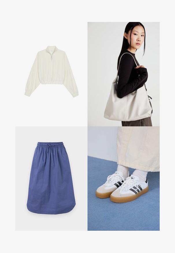 Pullover court en tissu crème, avec un col haut, fermeture éclair à mi-hauteur, ourlet et poignets élastiqués, offrant une texture lisse et un design minimaliste.; Jupe en coton bleu avec une taille élastique et un cordon de serrage. Forme en A, longueur genou, texture lisse, sans motifs ni accents.; Baskets blanches avec des rayures noires et des accents en daim beige. Elles présentent une semelle en gomme texturée et des lacets plats blancs, portées avec des chaussettes claires.; Sac à main beige en matériau souple, avec un design décontracté, des détails cousus et deux poignées. Idéal pour un usage quotidien.