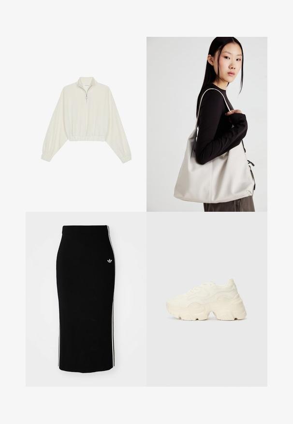 Pullover curto em tecido creme, apresentando um colarinho alto, fecho de meio zíper, bainha e punhos elásticos, com uma textura suave e design minimalista.; Saia midi preta canelada com um design justo, apresentando riscas laterais brancas e um pequeno emblema branco no lado esquerdo.; Sapatilhas brancas chunky feitas de malha texturizada e materiais sintéticos, apresentando uma sola espessa e detalhes de padrão intrincados ao longo dos lados.; Uma bolsa bege feita de material macio, com um design descontraído, detalhes de costura e duas alças para o ombro. Adequada para uso diário.