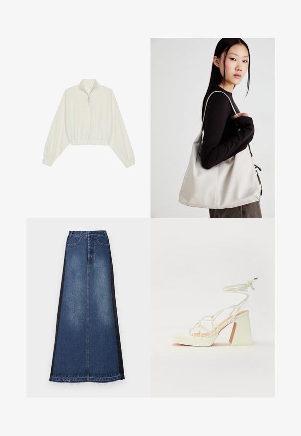 Pulover scurt din stofă crem, cu guler înalt, închidere cu fermoar pe jumătate, elastic la margini și la manșete, cu o textură netedă și un design minimalist.; Fustă maxi din denim, cu un corp principal albastru și panouri laterale negre, cu croi drept, margine desfăcută și design clasic cu cinci buzunare.; Sandale albe cu toc înalt și gros, cu un design cu curele și legătură la gleznă. Textură netedă, cu o platformă frontală pentru înălțime suplimentară.; Geantă bej din material moale, cu un design lejer, detalii cusute și două bretele pentru umăr. Potrivită pentru utilizarea zilnică.