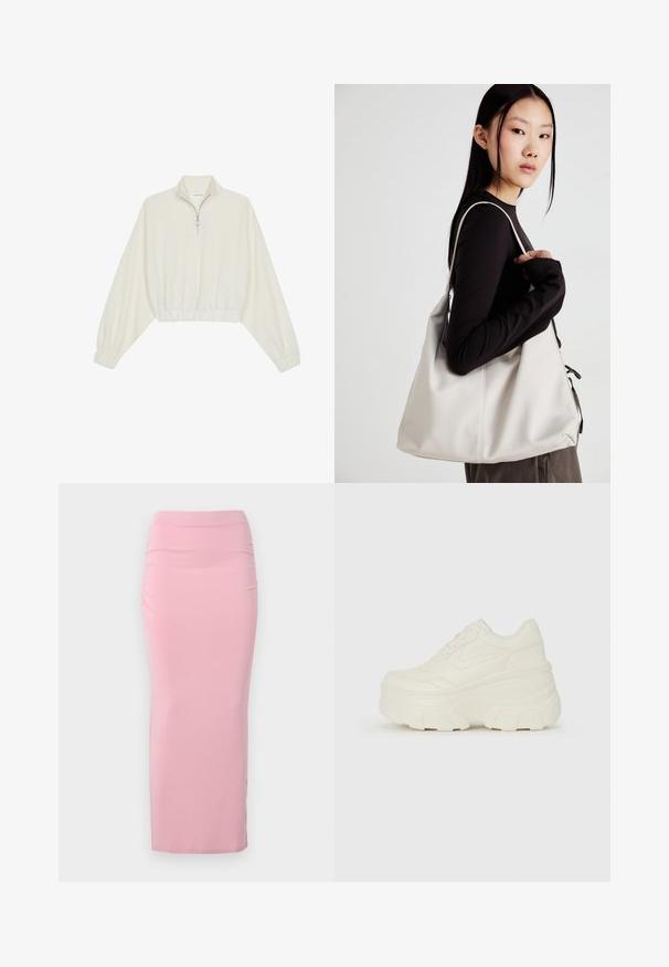 Pullover court en tissu crème, avec un col haut, fermeture éclair à mi-hauteur, ourlet et poignets élastiqués, offrant une texture lisse et un design minimaliste.; Jupe longue, ajustée, de couleur rose clair, fabriquée en tissu extensible. Elle présente une texture lisse et un léger plissé sur un côté. Aucun ornement n'est présent.; Baskets plateformes blanches avec une tige en simili cuir lisse, une forme arrondie, un col rembourré et une semelle en caoutchouc texturé avec des crampons définis.; Sac à main beige en matériau souple, avec un design décontracté, des détails cousus et deux poignées. Idéal pour un usage quotidien.