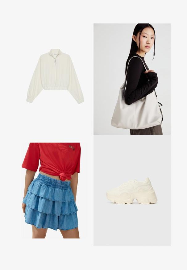 Geknipt pullover in crèmekleurige stof, met een hoge kraag, halve rits, elastische zoom en manchetten, met een soepele textuur en minimalistisch ontwerp.; Lichtblauwe denimrok met drie gelaagde ruffles, met een elastische tailleband en een gladde textuur. Gecombineerd met een rood shirt met korte mouwen.; Chunky witte sneakers gemaakt van geperforeerd mesh en synthetische materialen, met een dikke zool en ingewikkelde patroon details aan de zijkanten.; Beige handtas gemaakt van zacht materiaal, met een slonzig ontwerp, gestikte details en twee schouderbanden. Geschikt voor dagelijks gebruik.