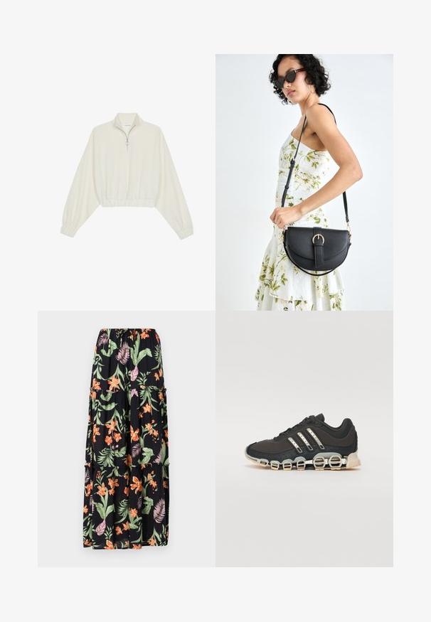 Krém színű, rövidített pulóver, magas gallérral, félig cipzáros záródással, elasztikus derék- és ujjakrésszel, sima textúrával és minimalista dizájnnal.; Fekete virágmintás maxi szoknya narancssárga és rózsaszín virágokkal, zöld levelekkel, rávarrt derékrésszel és réteges fazonnal. Könnyű anyag, amely lágy esést biztosít.; Fekete sportcipő texturált felsőrésszel, három ezüst csíkkal, és egy jellegzetes párnázott talppal, amely több integrált szakaszból áll.; Fekete bőrtáska ívelt formával, levehető pánttal és arany színű fémrészekkel. A táskán egy csattal díszített fedél található.