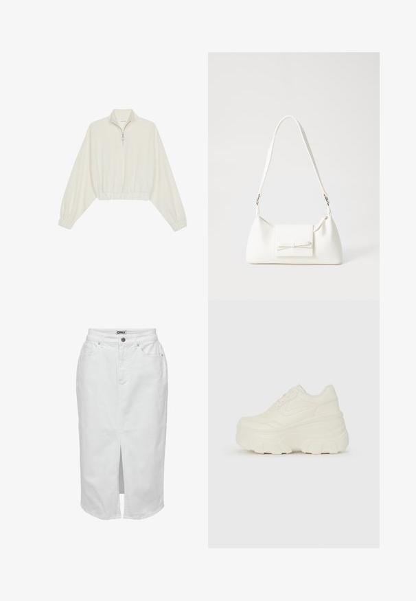 Pullover curto em tecido creme, apresentando um colarinho alto, fecho de meio zíper, bainha e punhos elásticos, com uma textura suave e design minimalista.; Saia de ganga branca com fenda frontal, cintura alta, dois bolsos laterais e fecho de botão. Apresenta uma etiqueta de marca na cintura.; Tênis brancos de plataforma com um cabedal suave semelhante a couro, formato arredondado, colarinho acolchoado e sola de borracha texturizada com ranhuras bem definidas.; Mala sintética branca com formato triangular, aba frontal plana e detalhe de laço, alça ajustável, textura suave e design minimalista.