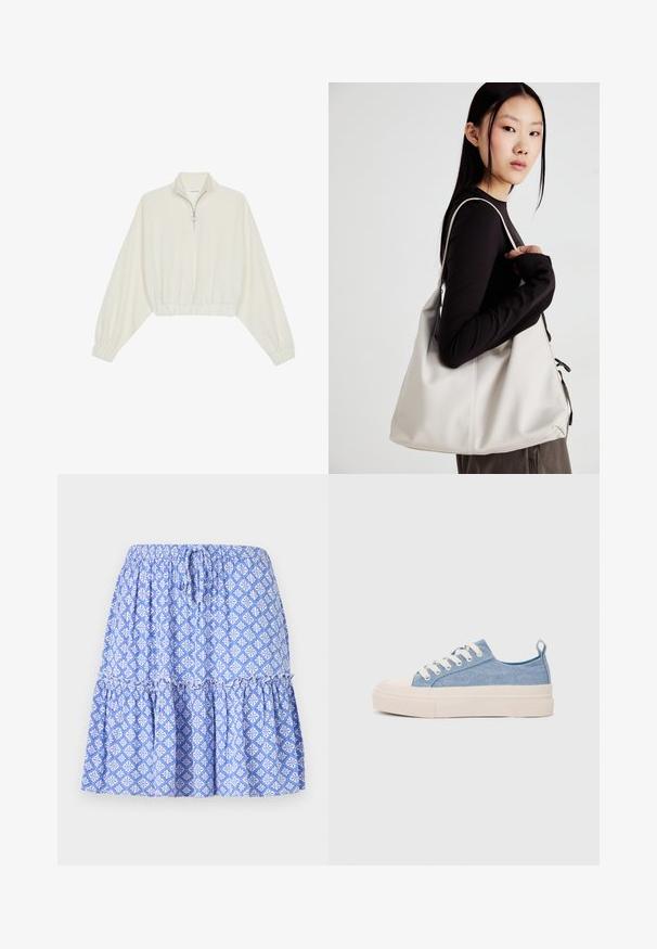 Sudadera cropped en tejido crema, con cuello alto, cierre de media cremallera, dobladillo y puños elásticos, con una textura suave y un diseño minimalista.; Falda azul con patrón, con cintura elástica, diseño en capas y motivos florales en blanco. Hecha de tejido ligero con una textura suave.; Zapatillas de lona azul claro con una puntera y suela de goma crema, que cuentan con cordones blancos y una lengüeta en el talón.; Bolso de mano beige hecho de material suave, con un diseño holgado, detalles cosidos y dos asas. Adecuado para uso diario.