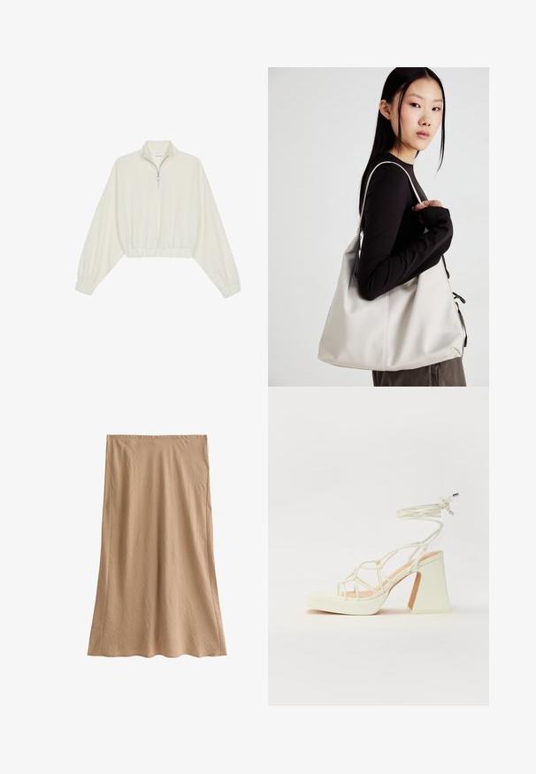 Pullover accorciato in tessuto crema, con colletto alto, chiusura a zip parziale, orlo e polsini elasticizzati, dalla texture liscia e design minimal.; Gonna lunga color beige realizzata in tessuto testurizzato, con vita elastica e silhouette dritta con una leggera svasatura all'orlo.; Sandalo bianco con tacco alto, caratterizzato da un design a cinturini e un legaccio alla caviglia. Texture liscia con una piattaforma frontale per un'altezza aggiuntiva.; Borsa a mano beige realizzata in materiale morbido, caratterizzata da un design morbido, dettagli cuciti e due manici. Adatta per l'uso quotidiano.