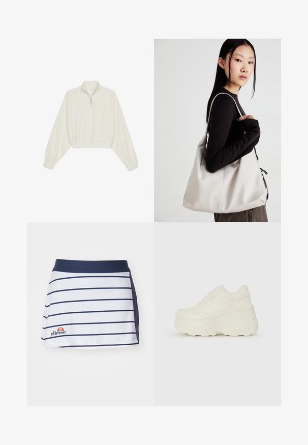 Krém színű, rövidített pulóver, magas gallérral, félig cipzáros záródással, elasztikus derék- és ujjakrésszel, sima textúrával és minimalista dizájnnal.; Fehér szoknya nadrág tengerészkék vízszintes csíkokkal, egyszínű tengerészkék derékrésszel és piros részletekkel. Az alsó szegélyen hímzett logó található.; Fehér platform sportcipők, sima bőrszerű felsőrésszel, kerek formával, párnázott bokával és texturált gumitalppal, jól definiált mintázattal.; Puha anyagból készült bézs kézitáska, laza dizájnnal, varrott részletekkel és két vállpánttal. Mindennapi használatra alkalmas.