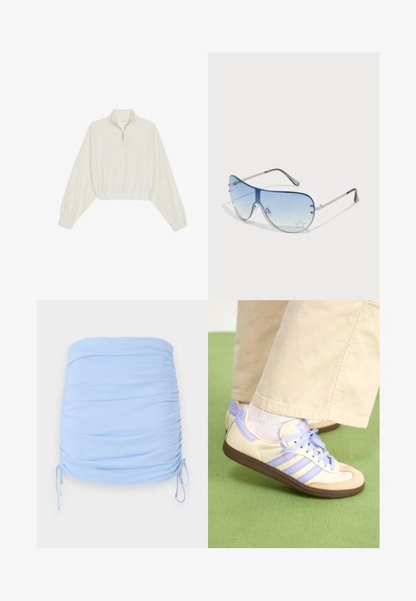 Kort genser i kremfarget stoff, med høy krage, halv glidelås, elastisk nederste kant og mansjetter, med en glatt tekstur og minimalistisk design.; Lyseblå mini-skjørt med rynker laget av stretchy stoff. Har snorbindinger på sidene for justerbar passform og glatt tekstur.; Kremfargede og lavendelfargede joggesko med tre striper og en teksturert brun såle, med lisser og en polstret hæl. Mykt stofføvre.; Pilotbriller med gradient blå linse, sølvfarget metallramme og dekorative stjerneaksenter på linsen. Glatt og stilren design.