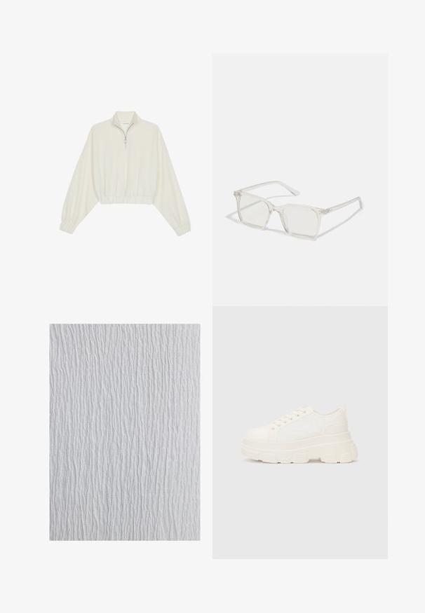 Pulover scurt din stofă crem, cu guler înalt, închidere cu fermoar pe jumătate, elastic la margini și la manșete, cu o textură netedă și un design minimalist.; Țesătură albă texturată cu un model ondulat, având linii verticale de grosimi variate, creând un aspect valurit în întreaga sa întindere.; Tenisi albi din pânză cu o talpă groasă, vârf rotund și cinci gauri pentru șireturi. Tab pentru ușurința la încălțare. Textură netedă, design minimalist.; Ochelari de vedere cu rame pătrate din plastic transparent, dotate cu lentile translucide și accente aurii pe temple pentru un detaliu suplimentar.