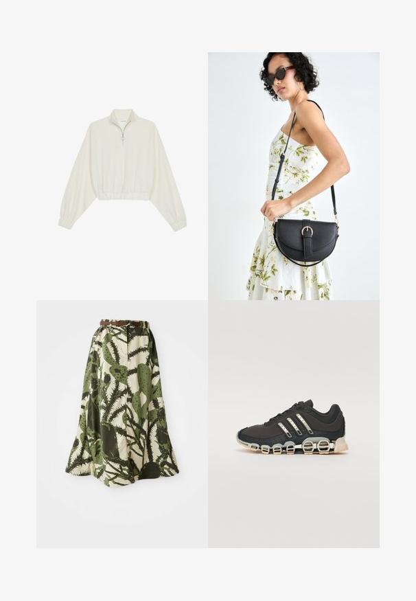 Krém színű, rövidített pulóver, magas gallérral, félig cipzáros záródással, elasztikus derék- és ujjakrésszel, sima textúrával és minimalista dizájnnal.; Hosszú szoknya zöld és krém színű kaktusz mintával, húzott derékkal és barna övvel a rögzítéshez.; Fekete sportcipő texturált felsőrésszel, három ezüst csíkkal, és egy jellegzetes párnázott talppal, amely több integrált szakaszból áll.; Fekete bőrtáska ívelt formával, levehető pánttal és arany színű fémrészekkel. A táskán egy csattal díszített fedél található.