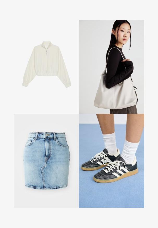 Krém színű, rövidített pulóver, magas gallérral, félig cipzáros záródással, elasztikus derék- és ujjakrésszel, sima textúrával és minimalista dizájnnal.; Világoskék farmer szoknya, amelynek szabása testéhez simul, öt zsebbel, gombos és cipzáras záródással, valamint varrott részletekkel az alján.; Fekete bőr sportcipők fehér csíkokkal, kerek orral, fehér fűzővel és gumírozott talppal. Párnázott bokarész és márkajelzések emelik ki.; Puha anyagból készült bézs kézitáska, laza dizájnnal, varrott részletekkel és két vállpánttal. Mindennapi használatra alkalmas.
