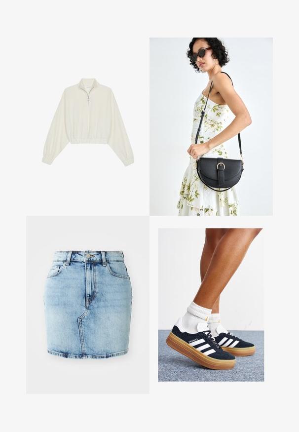 Pullover curto em tecido creme, apresentando um colarinho alto, fecho de meio zíper, bainha e punhos elásticos, com uma textura suave e design minimalista.; Saia de denim azul claro com um formato justo, cinco bolsos, fecho de botão e zip e detalhes cosidos ao longo da barra.; Ténis de camurça preta com riscas e detalhes brancos, biqueira arredondada, sola em borracha cor de goma, combinados com meias brancas caneladas até à altura do tornozelo.; Bolsa de couro preta com forma curva, alça destacável e detalhes em dourado. A bolsa possui uma aba com detalhe de fivela.