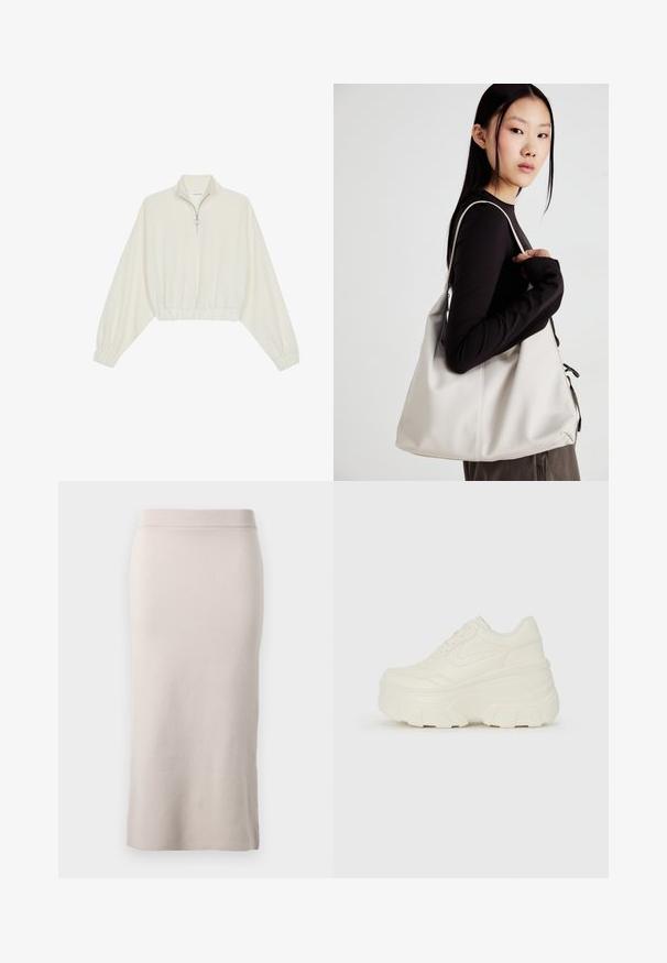 Pullover court en tissu crème, avec un col haut, fermeture éclair à mi-hauteur, ourlet et poignets élastiqués, offrant une texture lisse et un design minimaliste.; Jupe crayon en tricot de couleur beige clair, avec une taille côtelée, coupe ajustée et fente latérale pour faciliter le mouvement. Texture douce, design minimal.; Baskets plateformes blanches avec une tige en simili cuir lisse, une forme arrondie, un col rembourré et une semelle en caoutchouc texturé avec des crampons définis.; Sac à main beige en matériau souple, avec un design décontracté, des détails cousus et deux poignées. Idéal pour un usage quotidien.