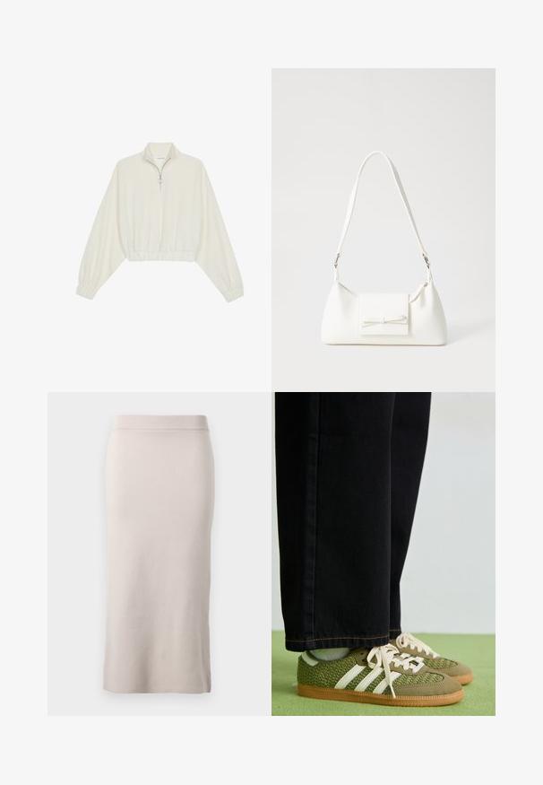 Cropped pullover in cream fabric, featuring a high collar, half-zip closure, elasticated hem and cuffs, with a smooth texture and minimal design.; Knit pencil skirt in a light beige color, featuring a ribbed waistband, slim fit, and side slit for ease of movement. Soft texture, minimal design.; Green woven sneakers with white stripes, suede accents, and a gum rubber sole, paired with black denim pants.; White synthetic handbag with a triangular shape, flat front flap and bow detail, adjustable strap, smooth texture, and minimalistic design.