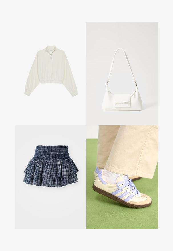 Kort genser i kremfarget stoff, med høy krage, halv glidelås, elastisk nederste kant og mansjetter, med en glatt tekstur og minimalistisk design.; Marineblå rutete volangskjørt med smocket elastisk midjebånd, med lagdelte tier med hvite rutenettmønstre og en teksturert overflate.; Kremfargede og lavendelfargede joggesko med tre striper og en teksturert brun såle, med lisser og en polstret hæl. Mykt stofføvre.; Hvit syntetisk håndveske med trekantet form, flat klaff foran og sløyfe detaljer, justerbar stropp, glatt tekstur og minimalistisk design.
