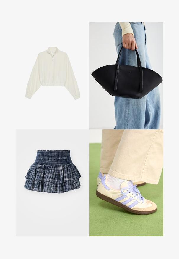 Kreminės spalvos trumpas megztinis, turintis aukštą apykaklę, pusiau užtrauktuką, elastinį apačią irRankovių kraštus, su lygiu paviršiumi ir minimalizuotu dizainu.; Tamsiai mėlyna languota sijonas su raukšlėmis, turintis smulkiai elastinę juosmenį, išsiskiriantis sluoksniais su baltais tinkleliais ir tekstūruotu paviršiumi.; Kreminės ir levandų spalvos sportbačiai su trims juostelėmis ir tekstūruota ruda padais, su raišteliais ir paminkštintu kulnu. Minkšta medžiaginė viršutinė dalis.; Juodas odinis rankinis uždangalas unikaliu ventiliatoriaus formos dizainu, turintis plokščias rankenas. Paviršius turi akmeninė tekstūrą ir minimalistišką dizainą.