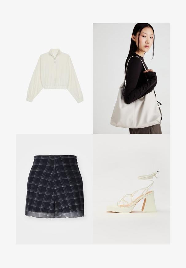 Krém színű, rövidített pulóver, magas gallérral, félig cipzáros záródással, elasztikus derék- és ujjakrésszel, sima textúrával és minimalista dizájnnal.; Tengerész kockás rövidnadrág sima, könnyű anyagból. Plisézett kialakítással és áttetsző szegéllyel rendelkezik, fehér és világosszürke kockás mintával.; Fehér, magassarkú szandál vastag sarokkal, pántos dizájnnal és bokapánttal. Sima textúra, elülső platformmal a megnövelt magasság érdekében.; Puha anyagból készült bézs kézitáska, laza dizájnnal, varrott részletekkel és két vállpánttal. Mindennapi használatra alkalmas.