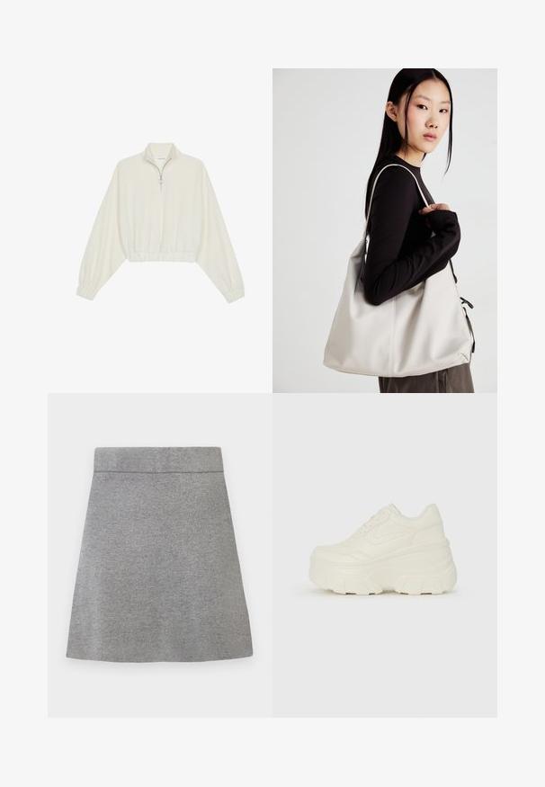 Zkrátený pulover z krémového materiálu, s vysokým golierom, polovičným zipsom, elastickým lemom a manžetami, s hladkou textúrou a minimalistickým dizajnom.; Šedá pletená sukňa A-line so širokým pásom a hladkým povrchom, vystavená na bielom pozadí.; Biele platformové tenisky s hladkým koženkovým svrchným materiálom, zaobleným tvarom, polstrovaným golierom a textúrovanou gumovou podrážkou s výrazným vzorom.; Béžová kabelka vyrobená z mäkkého materiálu, s uvoľneným dizajnom, prišitými detailmi a dvoma popruhmi na nosenie na pleciach. Vhodná na každodenné nosenie.