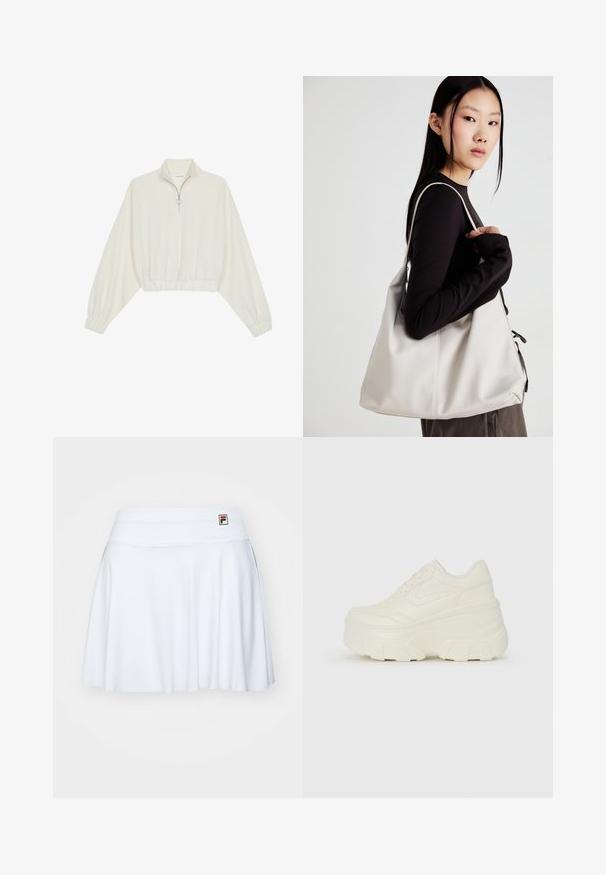Sudadera cropped en tejido crema, con cuello alto, cierre de media cremallera, dobladillo y puños elásticos, con una textura suave y un diseño minimalista.; Falda de tenis blanca hecha de tela elástica, con una cinturilla suave y sutiles pliegues, y una pequeña etiqueta con el logo en la parte superior izquierda.; Zapatillas de plataforma blancas con un upper suave similar al cuero, forma redondeada, cuello acolchado y suela de goma texturizada con surcos definidos.; Bolso de mano beige hecho de material suave, con un diseño holgado, detalles cosidos y dos asas. Adecuado para uso diario.