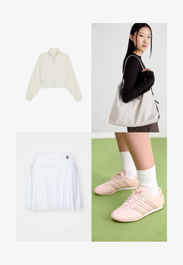 Krém színű, rövidített pulóver, magas gallérral, félig cipzáros záródással, elasztikus derék- és ujjakrésszel, sima textúrával és minimalista dizájnnal.; Fehér tenisz szoknya rugalmas anyagból, sima derékkal és diszkrét redőkkel, a bal felső sarokban egy kis logós címkével.; Világos rózsaszín sportcipők, átlós varrással, fehér talppal és három oldalsó csíkkal. Zöld felületen bordázott fehér zoknikkal viselve.; Puha anyagból készült bézs kézitáska, laza dizájnnal, varrott részletekkel és két vállpánttal. Mindennapi használatra alkalmas.