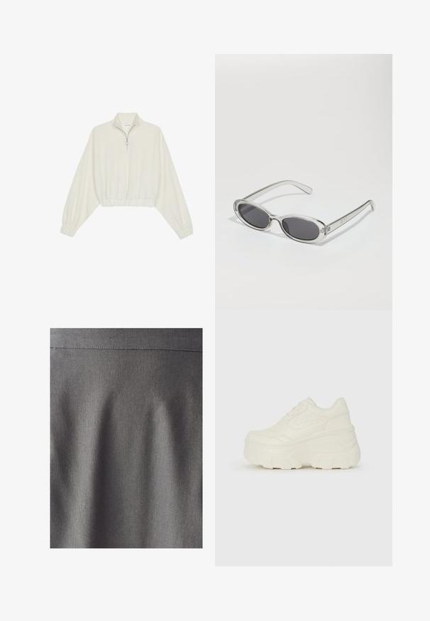 Pullover court en tissu crème, avec un col haut, fermeture éclair à mi-hauteur, ourlet et poignets élastiqués, offrant une texture lisse et un design minimaliste.; Tissu gris avec une texture lisse et uniforme. Un éclat subtil met en valeur les lignes nettes et les plis, indiquant un design structuré. Aucun motif ou impression visible.; Baskets plateformes blanches avec une tige en simili cuir lisse, une forme arrondie, un col rembourré et une semelle en caoutchouc texturé avec des crampons définis.; Lunettes de soleil de forme ovale, monture en plastique transparent, verres gris foncé et branches transparentes fines avec des accents de logo et un minimalisme dans les détails.; Sac à main beige en matériau souple, avec un design décontracté, des détails cousus et deux poignées. Idéal pour un usage quotidien.