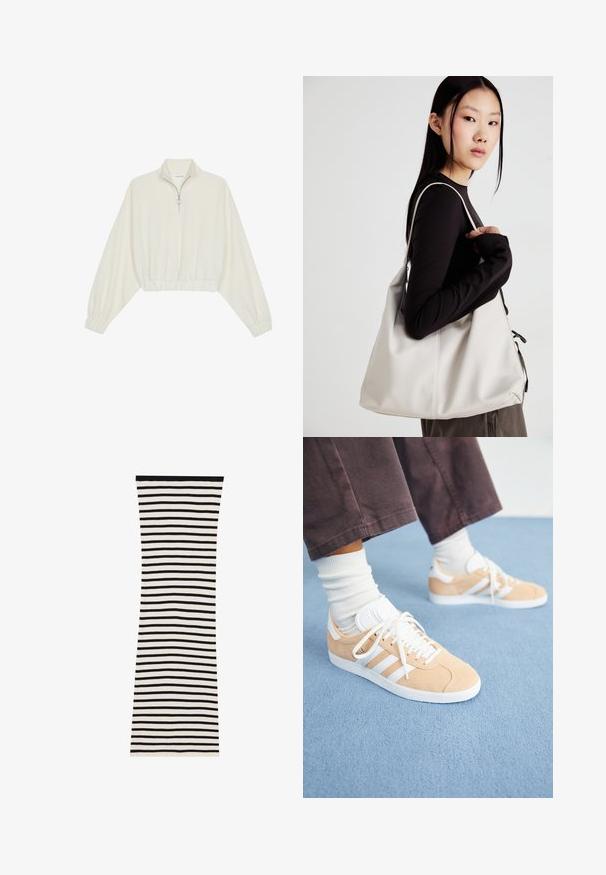 Kreptais pusītes džemperis krēmkrāsā, ar augstu apkakli, puszipa aizdari, elastīgu apakšmalu un aprocēm, ar gludu tekstūru un minimālistisku dizainu.; Melnbalts svītrots ribots kleita ar pieguļošu formu, kurai ir horizontālas svītras un vienkrāsains melns apkakles izgriezums.; Beidzas zamšādas kedas ar baltām akcentiem, ar trim svītrām, apaļu purngalu un reljefu zoli; kopā ar baltām sporta zeķēm.; Bežs rokassoma, izgatavota no mīksta materiāla, ar brīvu dizainu, izšūtu apdari un divām plecu siksnām. Piemērota ikdienas lietošanai.