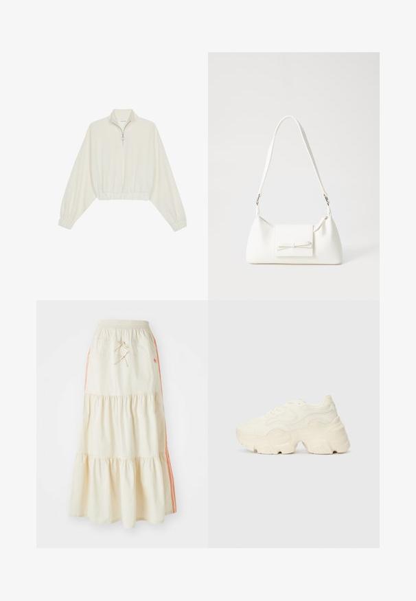 Krém színű, rövidített pulóver, magas gallérral, félig cipzáros záródással, elasztikus derék- és ujjakrésszel, sima textúrával és minimalista dizájnnal.; Tejfehér, réteges midi szoknya elasztikus derékkal és húzózsinórral. Narancssárga oldalsávokkal és puha, sima pamut textúrával rendelkezik.; Tömbös fehér sneakers, amely texturált hálóból és szintetikus anyagokból készült, vastag talppal és bonyolult mintázattal az oldalakon.; Fehér szintetikus kézitáska, háromszög alakú, lapos előlap, masni részlettel, állítható pánttal, sima textúrával és minimalista dizájnnal.