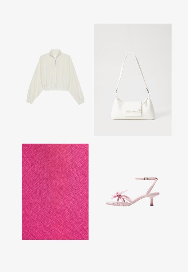 Geknipt pullover in crèmekleurige stof, met een hoge kraag, halve rits, elastische zoom en manchetten, met een soepele textuur en minimalistisch ontwerp.; Felle roze stof met een gestructureerd oppervlak, met een diagonaal patroon en fijne lijnen die een geweven uiterlijk creëren.; Roze gepatineerde leren sandalen met hakken en een bloemaccent op de teen, met een verstelbare enkelband en een slanke, korte hak.; Witte synthetische handtas met een driehoekige vorm, platte voorklep en strikdetail, verstelbare schouderriem, gladde textuur en minimalistisch ontwerp.