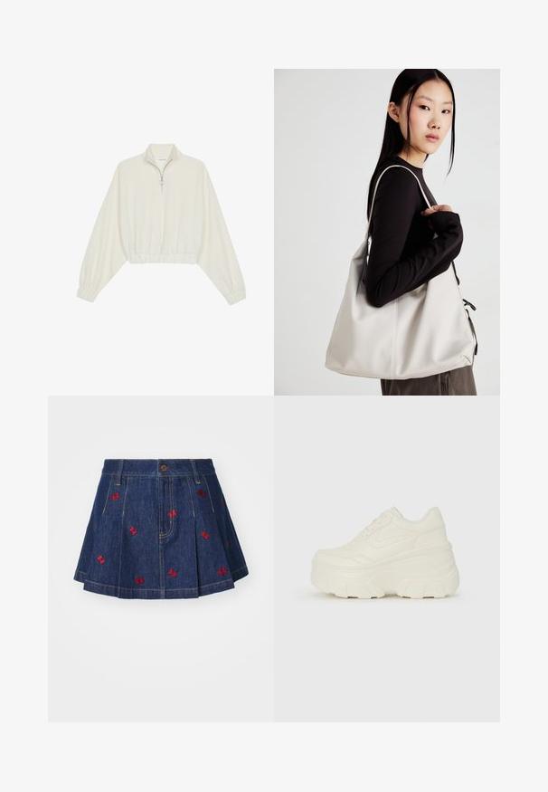 Krém színű, rövidített pulóver, magas gallérral, félig cipzáros záródással, elasztikus derék- és ujjakrésszel, sima textúrával és minimalista dizájnnal.; Szatén szoknya redőzéssel és sötét mosással, piros hímzett pillangó részletekkel, klasszikus öt zsebes kialakítással, elülső gombos záródással.; Fehér platform sportcipők, sima bőrszerű felsőrésszel, kerek formával, párnázott bokával és texturált gumitalppal, jól definiált mintázattal.; Puha anyagból készült bézs kézitáska, laza dizájnnal, varrott részletekkel és két vállpánttal. Mindennapi használatra alkalmas.