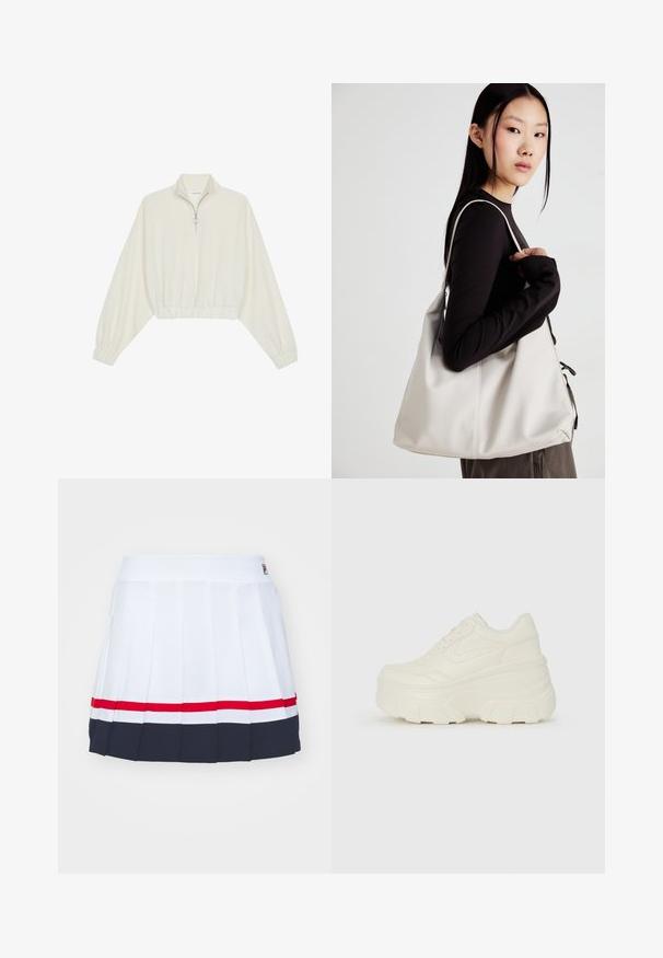 Kratka pulover v kremnem blagu, z visokim ovratnikom, pol-zadrgo, elastičnim robom in manšetami, z gladko teksturo in minimalističnim oblikovanjem.; Bela plisirana krila z širokim pasom, ki ima rdeče in mornarsko modre stripe ob robu. Narejena iz lahkotnega materiala.; Bele platformske tene z belim zgornjim delom, ki spominja na usnje, okroglo obliko, oblazinjen ovratnik ter gumo z teksturo na podplatu z izrazitimi profili.; Bežna torbica iz mehkega materiala, z ohlapno zasnovo, šivi in dvema naramnicama. Primerna za vsakodnevno uporabo.
