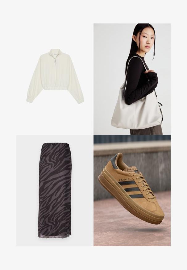 Skraćeni pulover od kremastog materijala, s visokim ovratnikom, zatvaranjem na polovicu munje, elastičnim rubom i manžetama, s glatkom teksturom i minimalnim dizajnom.; Maxi suknja od lagane tkanine, s crno-sivim uzorkom zebra, elastičnim pojasom i izrezanom ivicom.; Smeđe nubuk tenisice s glatkom teksturom, s tri tamne pruge, zaobljenim vrhom i debljom potplatom s uzorkom na rubu.; Bežna torba od mekog materijala s opuštenim dizajnom, šivanim detaljima i dva remena za rame. Pogodna za svakodnevnu upotrebu.