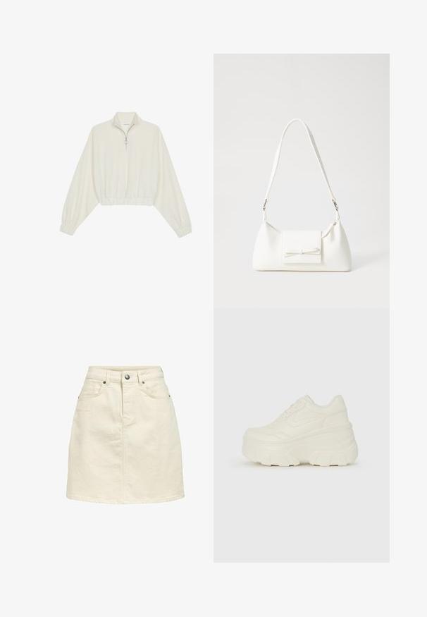 Gerippter Pullover aus cremefarbener Baumwolle mit hohem Kragen, halbem Reißverschluss, elastischen Säumen und Bündchen, glatter Textur und minimalistischem Design.; Jeansrock in einem hellbeigen Farbton, mit geradem Schnitt, Fünf-Taschen-Design, Knopfverschluss und einer dezent strukturierten Oberfläche.; Weiße Platform Sneakers mit einem glatten, lederähnlichen Obermaterial, abgerundeter Form, gepolstertem Kragen und strukturierten Gummisohlen mit ausgeprägten Stollen.; Weiße synthetische Handtasche in dreieckiger Form, flache Vorderklappe und Schleifendetail, verstellbarer Trageriemen, glatte Textur und minimalistisches Design.
