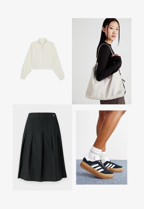 Cropped pullover in cream fabric, featuring a high collar, half-zip closure, elasticated hem and cuffs, with a smooth texture and minimal design.; Black pleated skirt made of lightweight fabric, featuring a button closure, a smooth texture, and an A-line shape.; Black suede sneakers with white stripes and accents, rounded toe, gum rubber outsole, paired with white ribbed crew socks.; Beige handbag made of soft material, featuring a slouchy design, stitched detailing, and two shoulder straps. Suitable for everyday use.