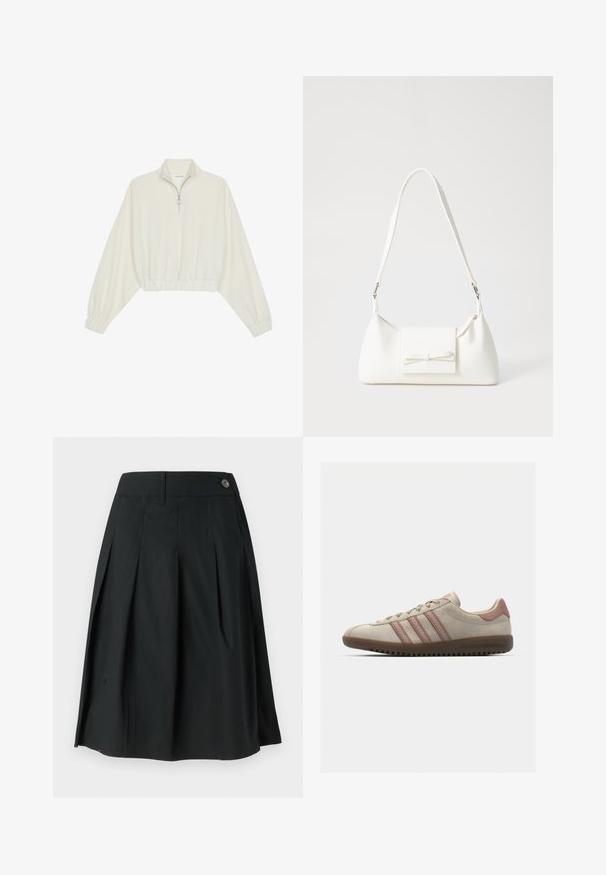 Kreemfarbenest lühikese varrukaga kudum, millel on kõrge kaelus, pool tõmblukk, elastne allosa ja varrukad, sile tekstuur ja minimaalne disain.; Mustmustärane plisseeritud seelik, mis on valmistatud kerge kangaga, omab nööpklappi, sileda tekstuuri ja A-liini siluetti.; Beeži seemisneaker roosa aktsendiga, kolme kattuva triibuga, tekstureeritud varbaosaga ja kummist talla külgedega.; Valge sünteetilisest materjalist kott kolmnurkse kujuga, lame esiklapiga ja kaaredetailiga, reguleeritava rihmaga, sileda tekstuuriga ja minimalistliku disainiga.