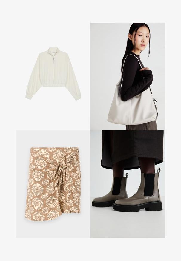 Krém színű, rövidített pulóver, magas gallérral, félig cipzáros záródással, elasztikus derék- és ujjakrésszel, sima textúrával és minimalista dizájnnal.; Barna mintás rakott szoknya, nagy krém színű virágmintákkal, a derekán csomóra kötve, könnyű anyagból készült.; Szürke bokacsizmák texturált bőrből, elasztikus oldalpanellel és vastag fekete talppal. Könnyű felvételt biztosító húzófülek találhatók rajtuk.; Puha anyagból készült bézs kézitáska, laza dizájnnal, varrott részletekkel és két vállpánttal. Mindennapi használatra alkalmas.