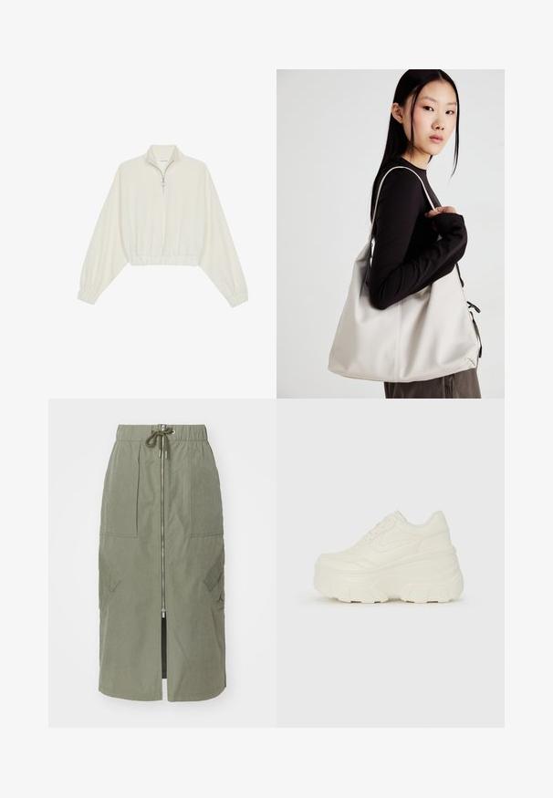 Kratka pulover v kremnem blagu, z visokim ovratnikom, pol-zadrgo, elastičnim robom in manšetami, z gladko teksturo in minimalističnim oblikovanjem.; Olive zeleno midi krilo iz lahkega materiala, z uporabo sprednjega zadrge, elastičnim pasom in velikimi stranskimi žepi z oglatimi pokrovi.; Bele platformske tene z belim zgornjim delom, ki spominja na usnje, okroglo obliko, oblazinjen ovratnik ter gumo z teksturo na podplatu z izrazitimi profili.; Bežna torbica iz mehkega materiala, z ohlapno zasnovo, šivi in dvema naramnicama. Primerna za vsakodnevno uporabo.