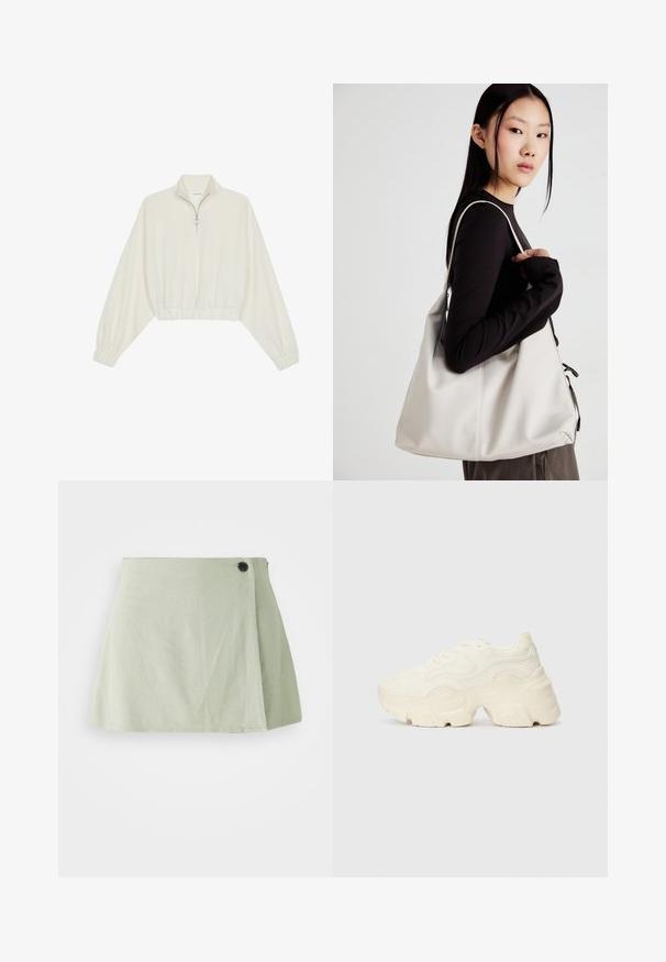 Kreemfarbenest lühikese varrukaga kudum, millel on kõrge kaelus, pool tõmblukk, elastne allosa ja varrukad, sile tekstuur ja minimaalne disain.; Heledad roheline seelik, millel on mugav istuvus, külgseotud nööbid ja sujuv tekstuur. Kärje serv on veidi kaardus, rõhutades siluetti.; Paksud valged tennised, mis on valmistatud tekstureeritud võrgu- ja sünteetilistest materjalidest, pakuvad paksu tallaga ja keerukat mustrit külgedel.; Bež käekott pehme materjali, millel on lõtv disain, õmblustega detailid ja kaks õlarihma. Sobib igapäevaseks kasutamiseks.