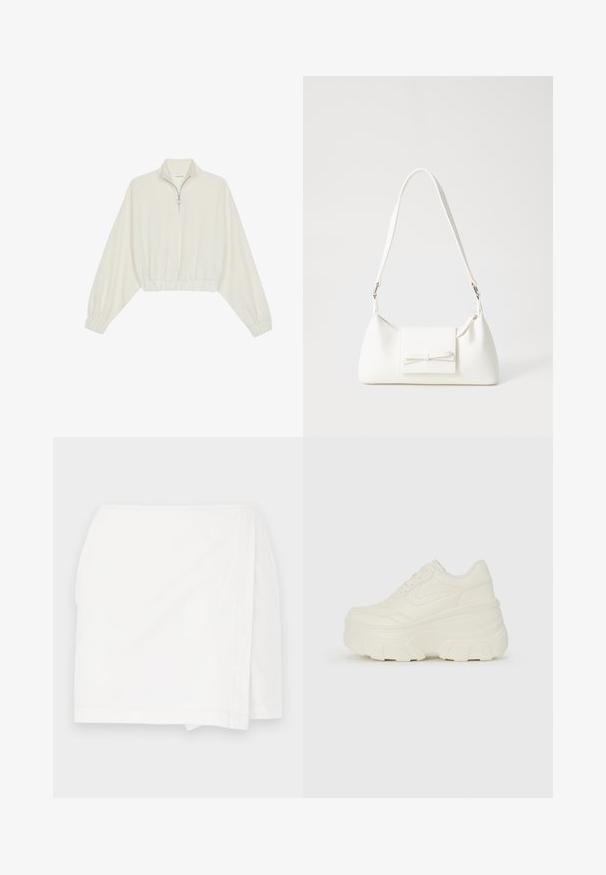 Kreminės spalvos trumpas megztinis, turintis aukštą apykaklę, pusiau užtrauktuką, elastinį apačią irRankovių kraštus, su lygiu paviršiumi ir minimalizuotu dizainu.; Baltas sijonas su tiesiu siluetu, sukamo dizaino ir švariais kraštais. Pagamintas iš lengvos medžiagos su lygiu paviršiumi ir be matomų raštų.; Baltos platformos sportbačiai su lygiu odos primenančiu paviršiumi, apvalia forma, paminkštintu apykakle ir tekstūruotu guminiu padu su ryškiais protektoriais.; Balta sintetinė rankinė trikampio formos, plokščiu priekiu su užsegimu, kaspino detale, reguliuojama dirželiu, lygia tekstūra ir minimalistišku dizainu.