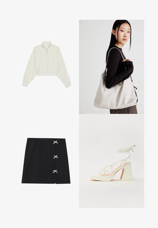 Krém színű, rövidített pulóver, magas gallérral, félig cipzáros záródással, elasztikus derék- és ujjakrésszel, sima textúrával és minimalista dizájnnal.; Fekete mini szoknya sima textúrával, fehér keresztbe tett szalagokkal a bal oldalon. Egyszerű dizájn, egyenes fazonnal.; Fehér, magassarkú szandál vastag sarokkal, pántos dizájnnal és bokapánttal. Sima textúra, elülső platformmal a megnövelt magasság érdekében.; Puha anyagból készült bézs kézitáska, laza dizájnnal, varrott részletekkel és két vállpánttal. Mindennapi használatra alkalmas.