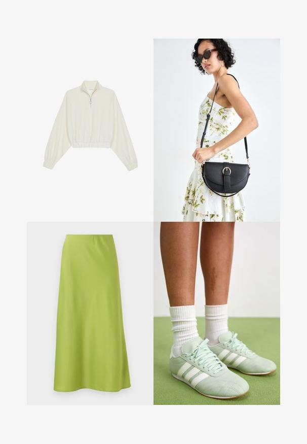 Pullover curto em tecido creme, apresentando um colarinho alto, fecho de meio zíper, bainha e punhos elásticos, com uma textura suave e design minimalista.; Saia de comprimento médio em tecido verde lima suave e vibrante. Apresenta um design simples e ajustado, com cintura elástica e silhueta fluida.; Ténis de desporto verde menta com riscas brancas, textura de pele suave, bico arredondado e sola em borracha, combinados com meias brancas caneladas.; Bolsa de couro preta com forma curva, alça destacável e detalhes em dourado. A bolsa possui uma aba com detalhe de fivela.