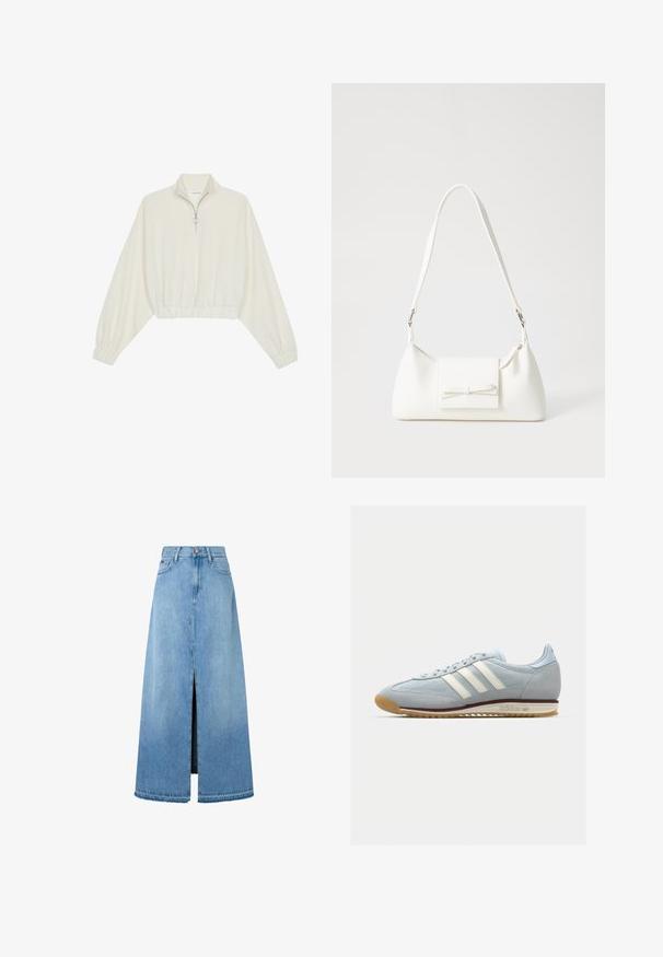 Sudadera cropped en tejido crema, con cuello alto, cierre de media cremallera, dobladillo y puños elásticos, con una textura suave y un diseño minimalista.; Falda maxi de mezclilla azul claro con una abertura delantera, forma típica de A-line, dobladillo acabado y diseño clásico de cinco bolsillos. Cierre de botón en la cintura.; Zapatilla de ante azul claro con tres rayas blancas, suela de goma y malla texturizada. Presenta una puntera lisa y un logotipo en el talón.; Bolso sintético blanco con forma triangular, tapa frontal plana y detalle de lazo, correa ajustable, textura suave y diseño minimalista.