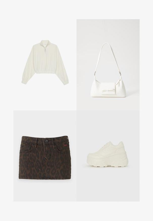 Kreminės spalvos trumpas megztinis, turintis aukštą apykaklę, pusiau užtrauktuką, elastinį apačią irRankovių kraštus, su lygiu paviršiumi ir minimalizuotu dizainu.; Tamsiai rudas džinsinis trumpas sijonas su leopardų raštu, turintis mygtukų užsegimą, dirželių kilpas ir priekines kišenes. Raudona logotipo detalė.; Baltos platformos sportbačiai su lygiu odos primenančiu paviršiumi, apvalia forma, paminkštintu apykakle ir tekstūruotu guminiu padu su ryškiais protektoriais.; Balta sintetinė rankinė trikampio formos, plokščiu priekiu su užsegimu, kaspino detale, reguliuojama dirželiu, lygia tekstūra ir minimalistišku dizainu.