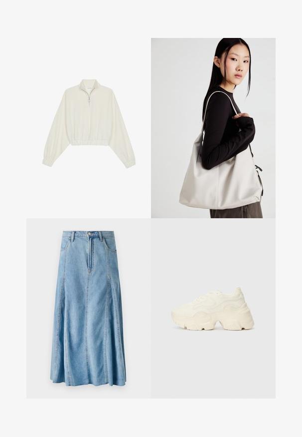 Krém színű, rövidített pulóver, magas gallérral, félig cipzáros záródással, elasztikus derék- és ujjakrésszel, sima textúrával és minimalista dizájnnal.; Világoskék farmer szoknya, bővülő fazonnal, gombos záródással, övhurkokkal és függőleges varráselemekkel. Középmagas hosszúság.; Tömbös fehér sneakers, amely texturált hálóból és szintetikus anyagokból készült, vastag talppal és bonyolult mintázattal az oldalakon.; Puha anyagból készült bézs kézitáska, laza dizájnnal, varrott részletekkel és két vállpánttal. Mindennapi használatra alkalmas.