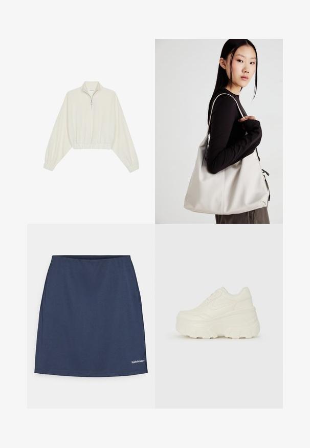 Krém színű, rövidített pulóver, magas gallérral, félig cipzáros záródással, elasztikus derék- és ujjakrésszel, sima textúrával és minimalista dizájnnal.; Tengerészkék sport szoknya sima, könnyű anyagból. Rugalmas derékkal rendelkezik, és a jobb alsó sarokban egy fehér logó található.; Fehér platform sportcipők, sima bőrszerű felsőrésszel, kerek formával, párnázott bokával és texturált gumitalppal, jól definiált mintázattal.; Puha anyagból készült bézs kézitáska, laza dizájnnal, varrott részletekkel és két vállpánttal. Mindennapi használatra alkalmas.