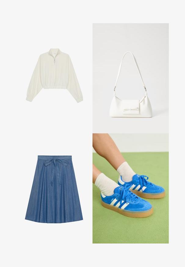 Kort genser i kremfarget stoff, med høy krage, halv glidelås, elastisk nederste kant og mansjetter, med en glatt tekstur og minimalistisk design.; Jeansskjørt i en mellomblå nyanse. Har rynket midje med knytedetalj. A-linjeform med en jevn tekstur og knelengde design.; Blå ruskinnsneakers med hvite striper, gummisåle, rund tå og tekstillisser. Kombinert med kremfargede sokker på en grønn overflate.; Hvit syntetisk håndveske med trekantet form, flat klaff foran og sløyfe detaljer, justerbar stropp, glatt tekstur og minimalistisk design.