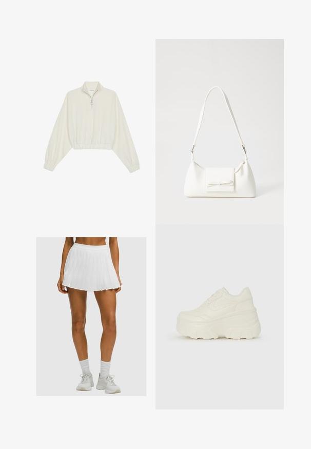Geknipt pullover in crèmekleurige stof, met een hoge kraag, halve rits, elastische zoom en manchetten, met een soepele textuur en minimalistisch ontwerp.; Bruine benen in een witte geplooide tennisrok, witte sportkousen en witte sportschoenen tegen een effen achtergrond.; Witte platform sneakers met een gladde leren bovenkant, afgeronde vorm, gewatteerde kraag en een gestructureerde rubberen zool met duidelijke profiel.; Witte synthetische handtas met een driehoekige vorm, platte voorklep en strikdetail, verstelbare schouderriem, gladde textuur en minimalistisch ontwerp.